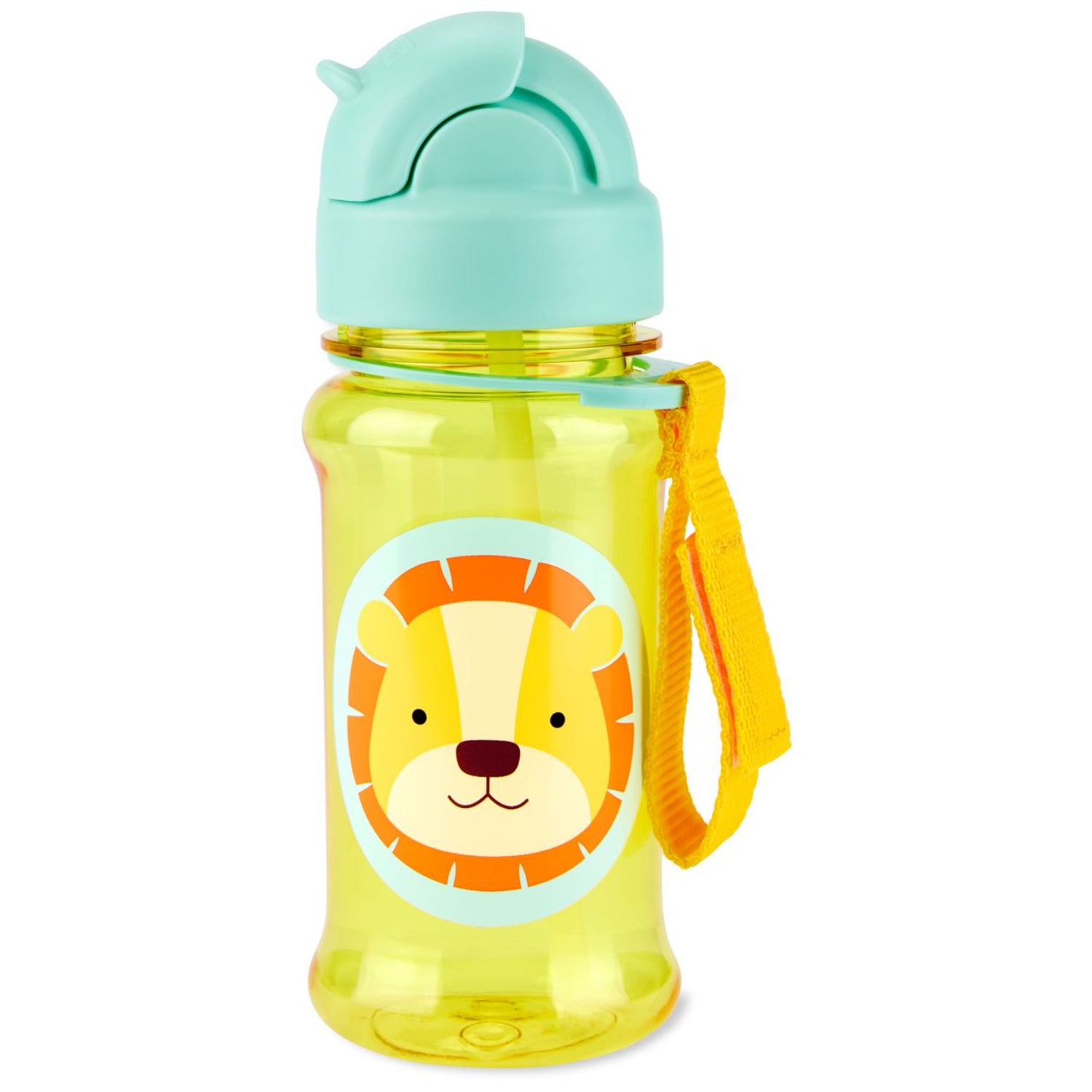 Botella infantil amarilla con diseño de león y tapa azul, ideal para niños